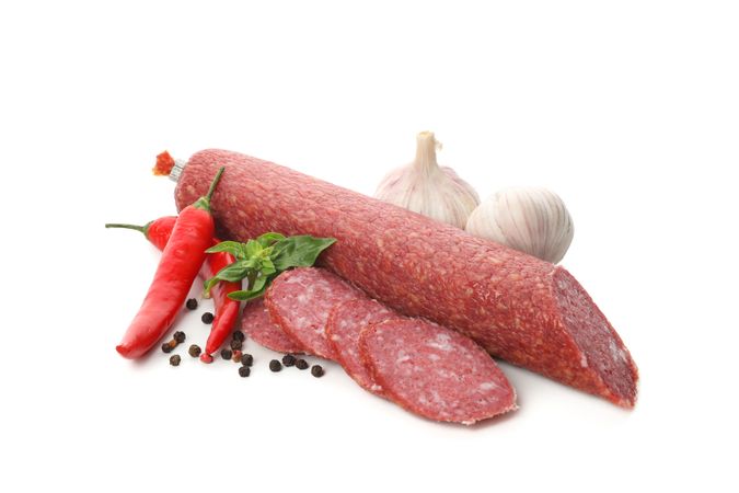 Salami with slices, with peppers and garnish