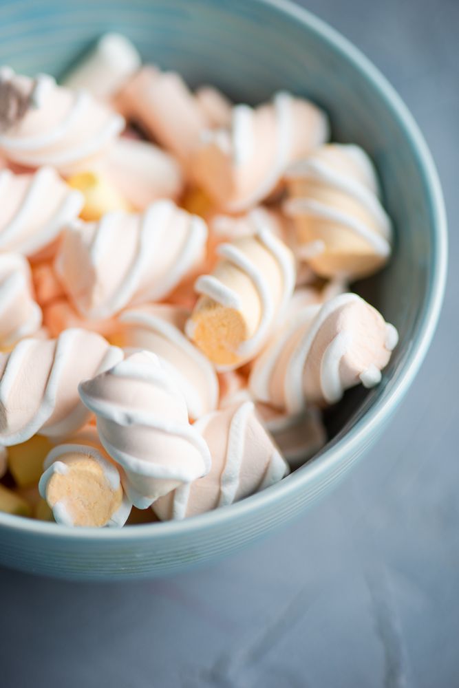 Bowl of marshmallows with swirls