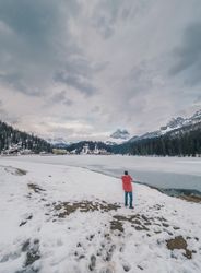 Unrecognizable person standing in snow surrounded by forest and mountains