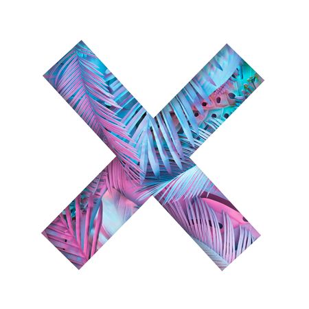 Tropical and palm leaves in vibrant holographic colors in “X” shape