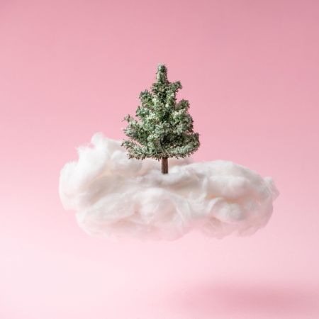 Snowy Christmas tree with cloud on pink background