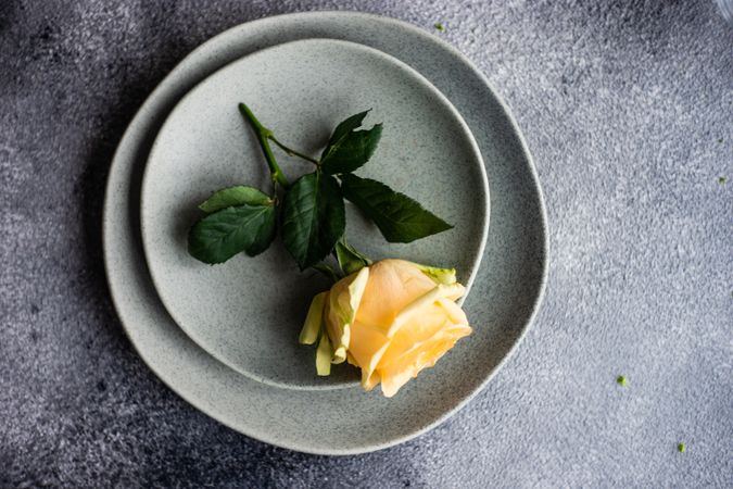 Floral card with yellow rose scattered on grey table setting