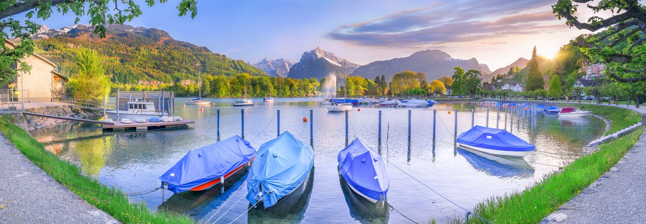 Boats docked on the shores of Lake Walensee