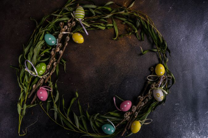 Easter wreath with decorative pastel eggs