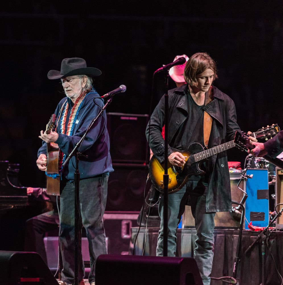 Country legend Willie Nelson, on stage with guitar at Rodeo Austin, Austin, Texas
