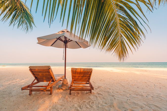 A relaxing beach scene with reclining chairs, under a parasol and palm tree