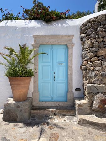 Patmian blue door with potted palm tree