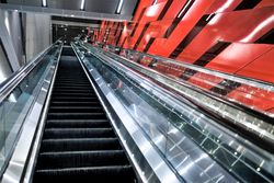 View looking up at escalators