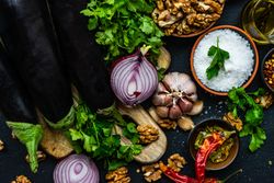 Top view of ingredients for cooking eggplant meal