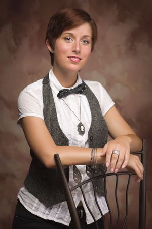 Red Haired Young Adult Female Portrait Leaning on Chair