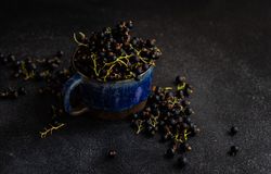 Fresh blackcurrant berries overflowing from cup