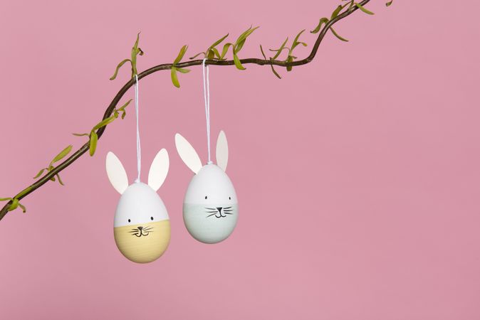 Two easter egg ornaments with happy bunny faces hanging on a branch on a pink background