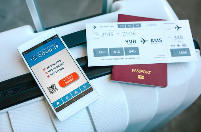 Suitcase with passport, boarding pass and denied covid passport