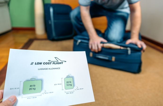 Man trying to close full hand luggage to low cost airlines