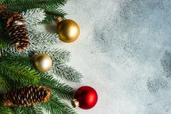 Christmas branch, pine cones, gold and red baubles on grey background