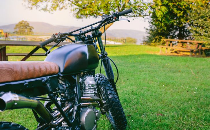 Custom motorcycle parked on the grass