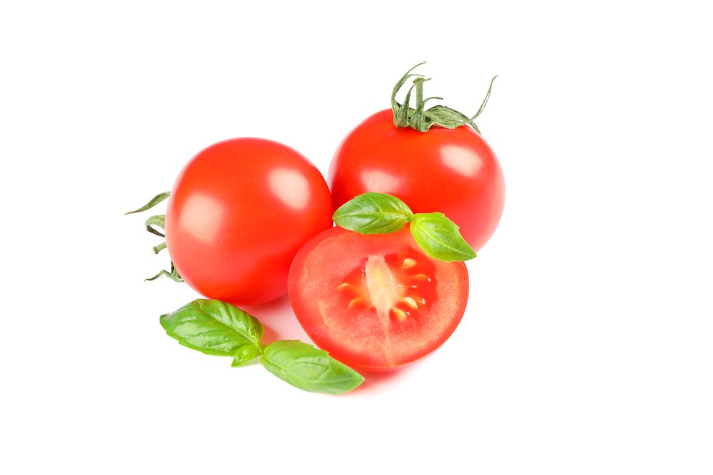 Fresh cherry tomatoes with basil isolated on light background. Ripe vegetables
