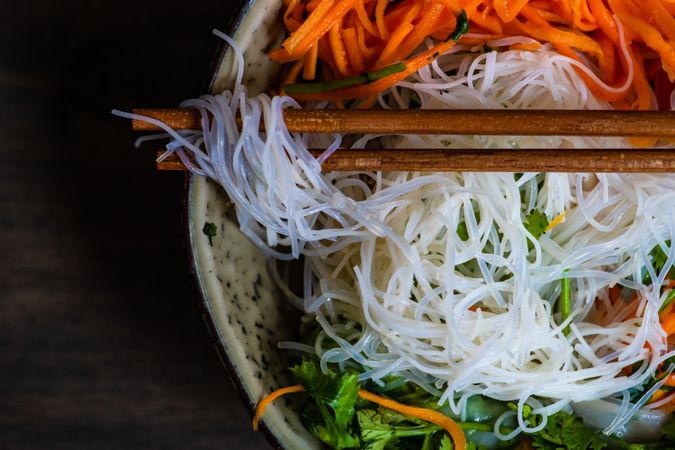 Top view of glass noodles in Asian bowl