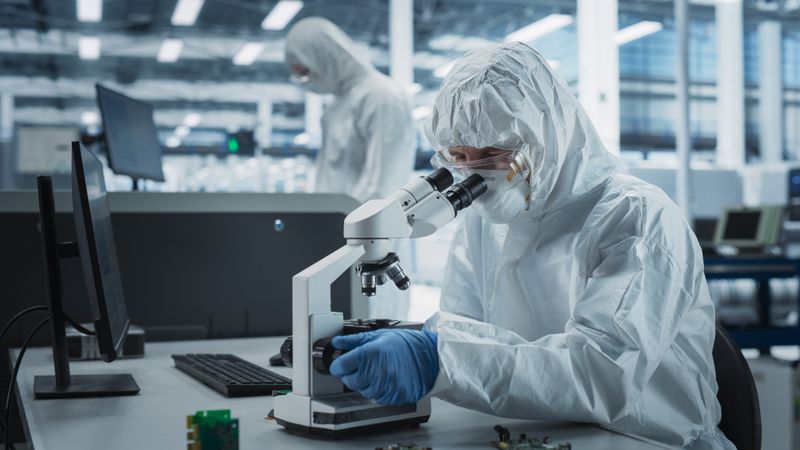 Person in hazmat protective suit looking through microscope