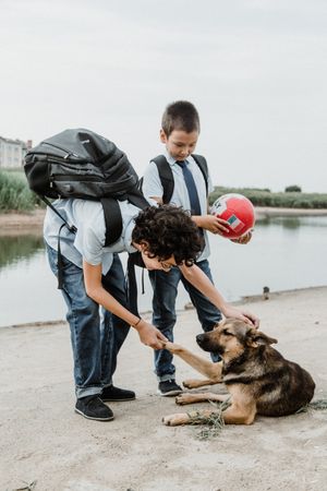 Happy preteen boys playing with dog and ball beside pond