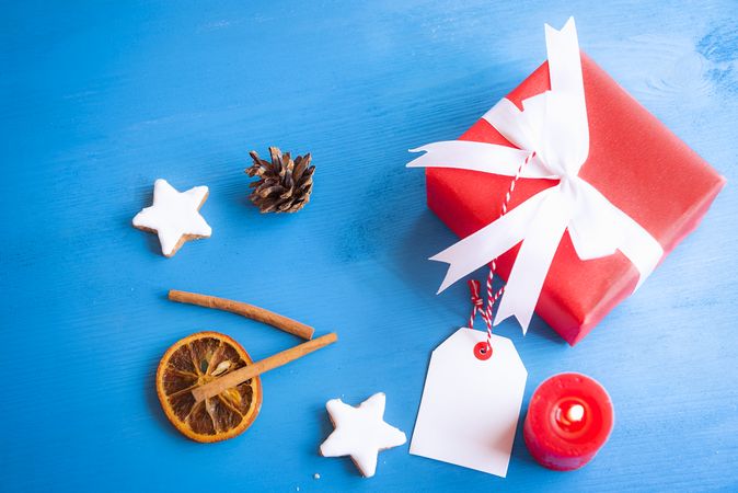 Cute red present on blue background