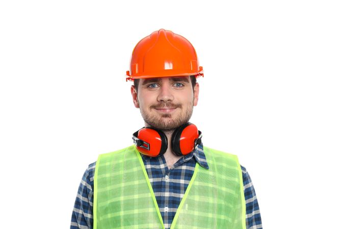 Young man civil engineer isolated on light background