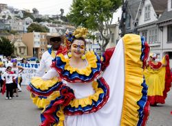 Woman in dress in Hispanic attire at Carnaval in San Francisco 0yr7a5
