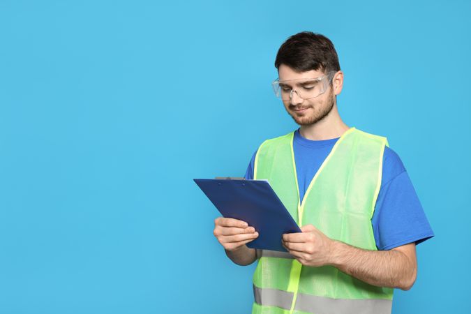 Young man civil engineer, space for text
