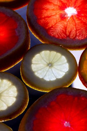 Sliced citrus fruits against light
