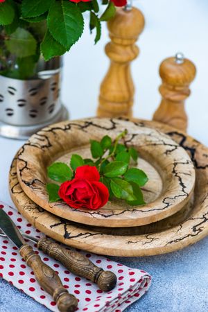 Rustic plate with red rose