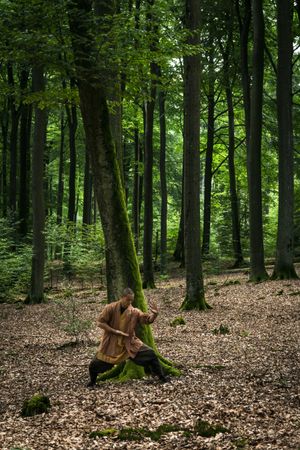Asian man practicing martial arts in forest