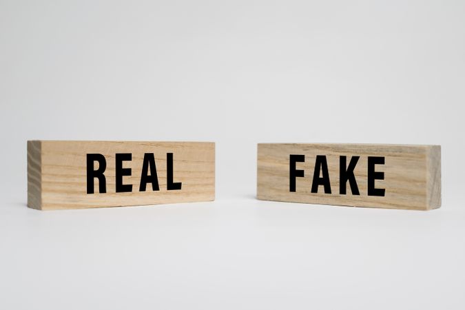real and fake words text on wooden blocks