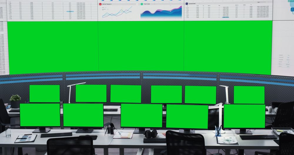 Big Digital Screens Showing Graphs And Charts. Mockup Template Of Successful Financial Analytics Company.
