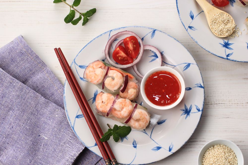 Top view plate of spring rolls