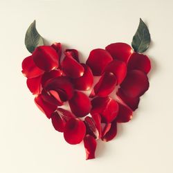 Red rose petals in a heart shape with leaves as devils horns