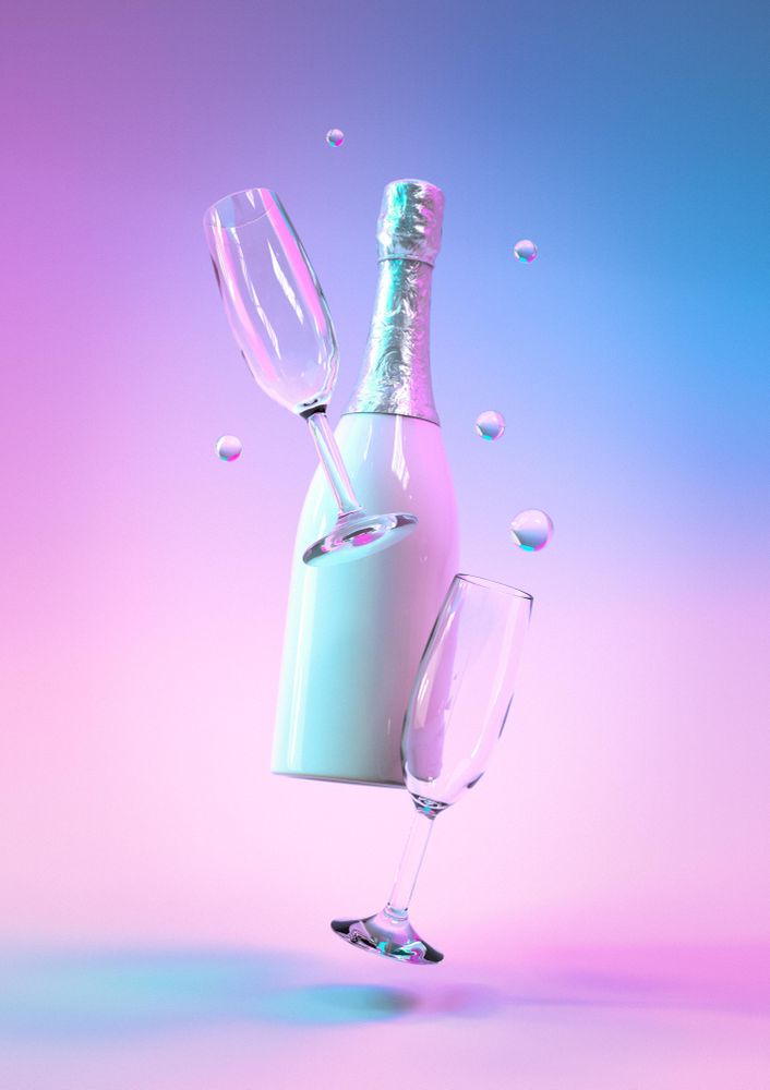 Champagne bottle with glasses ultraviolet and holographic neon lights