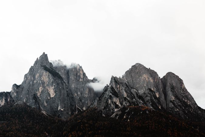 Big mountains near pine forest on cloudy weather