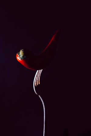 red chili pepper in fork on a dark background