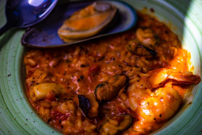 Close up of risotto with sea food