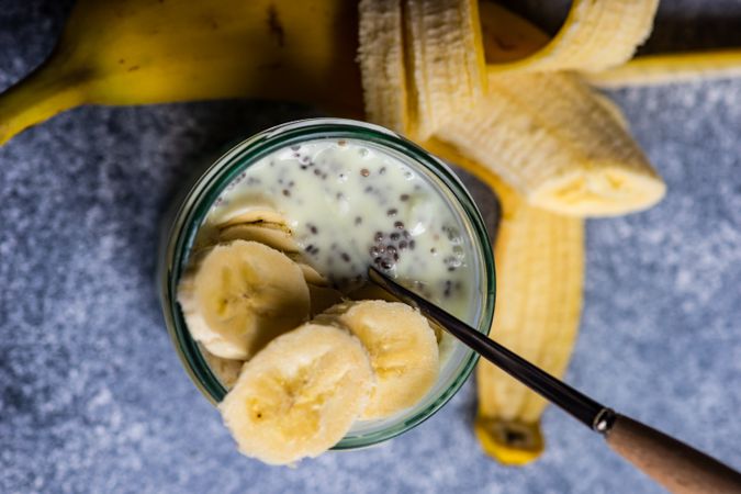 Top view of healthy breakfast with chia seeds and banana slices