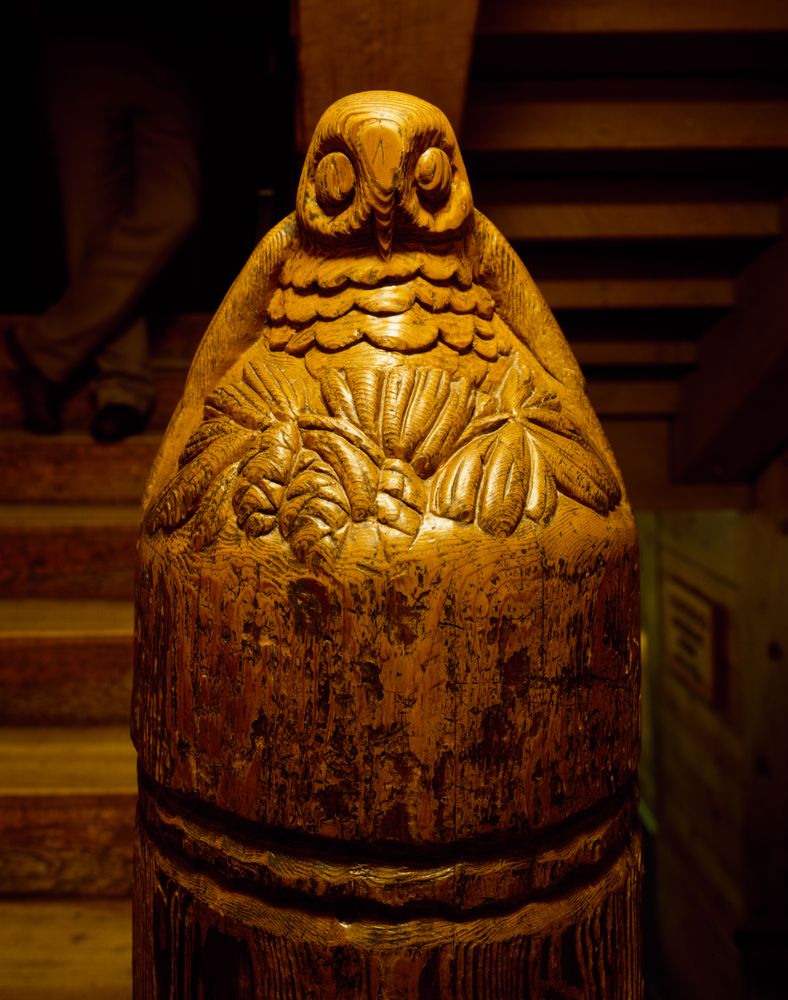 A newell post carved by Works Progress Administration, Mount Hood, Oregon