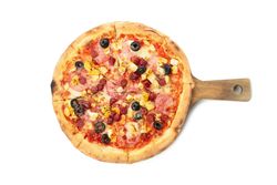 Wooden board with tasty pizza isolated on  neutral background