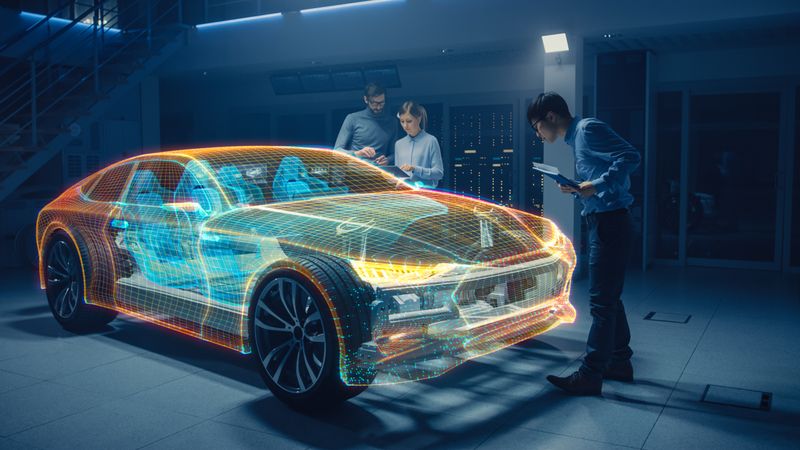 Group of Automobile Design Engineers Working in Virtual Reality 3D Model Prototype of Electric Car Chassis.
