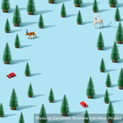 Minimal winter landscape scene with pine trees and reindeers 0KVRMb