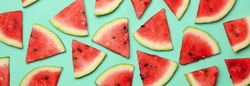 Composition with fresh watermelon slices on mint background, top view