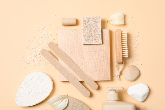 Flat lay of creative moodboard composition, top view