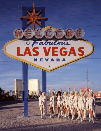 Group of woman by iconic Las Vegas Sign, Nevada
