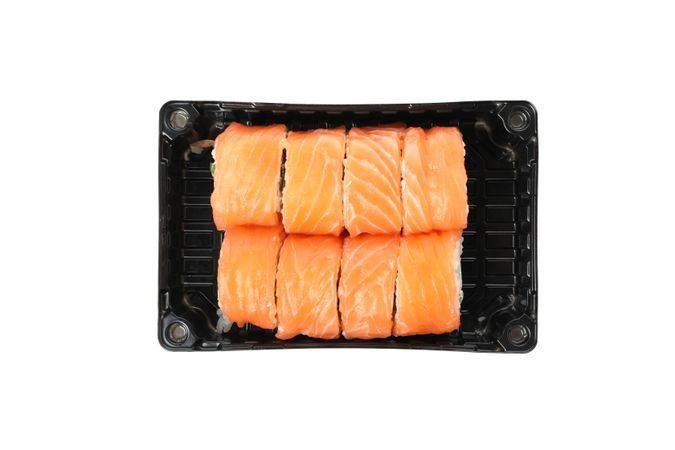 Box with sushi isolated on plain background