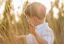 Kid in field playing with spikes at summer sunset