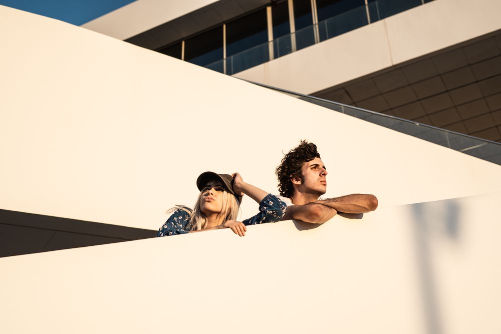 Angry couple on modern building
